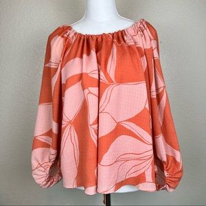 A New Day Floral Top Chiffon Muse Back Tie Bow Neckline Blouse. Size large